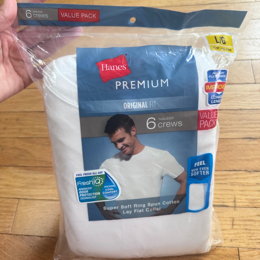 Hanes Premium Mens 6 Pack White Crew Neck Undershirts Tagless Size Large